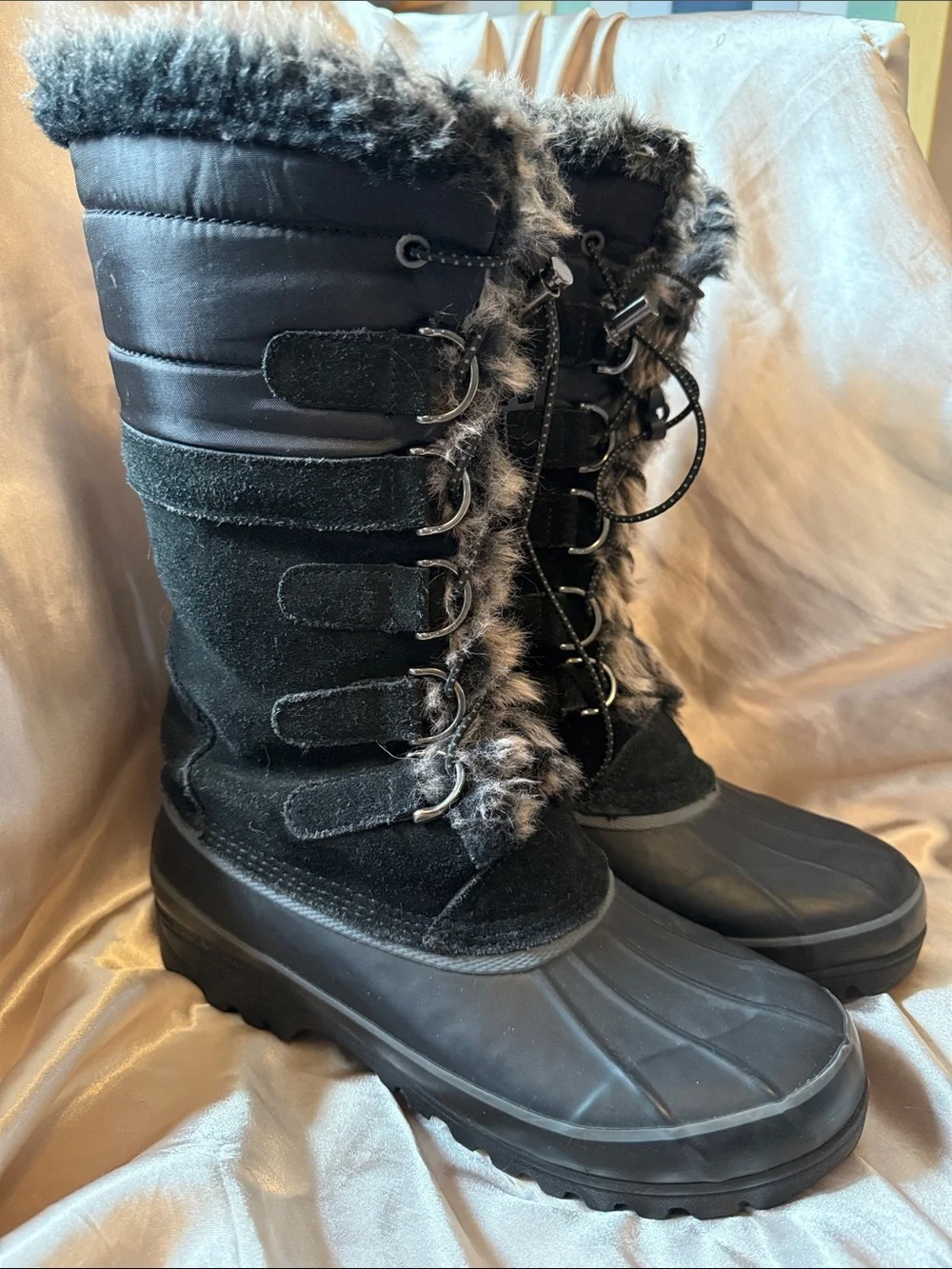 Lands End Women's Black Faux-Fur Lined Winter Boots
